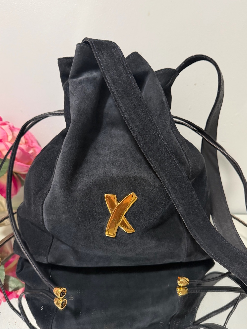 Paloma Picasso navy blue/Suede Mini Drawstring Bag with Gold X
